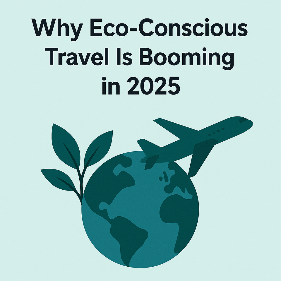 Thumbnail image with the title 'Why Eco-Conscious Travel Is Booming in 2025', featuring icons of eco-lodges, airplanes, leaves, and charts on a clean green-themed background