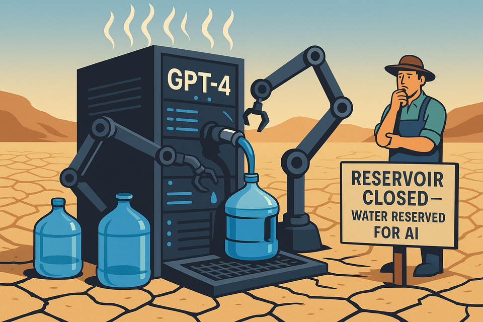 AI data center consuming water in a drought-stricken landscape as humans look on.
