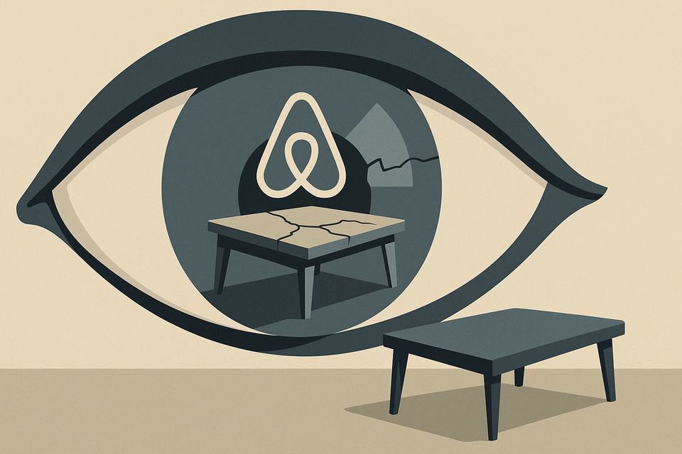 A large stylized eye shows a cracked coffee table inside its iris with the Airbnb logo, while a real undamaged table sits in front, symbolizing AI-driven misperception of evidence.
